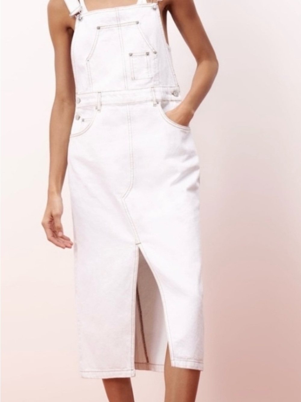 Zara White Denim Overall Midi Dress